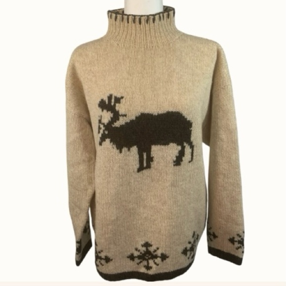 Muskoka Lakes Wool Sweater Pull on Cardigan Funnel Neck Moose & Snow Beige BRN L - Picture 3 of 15
